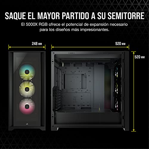 Corsair iCUE 5000X RGB Chasis Inteligente para PC ATX Semitorre con Cristal Templado (Cuatro Paneles Cristal Templado, Sistema de Gestión del Cableado RapidRoute, Tres Ventiladores RGB 120 mm) Negro