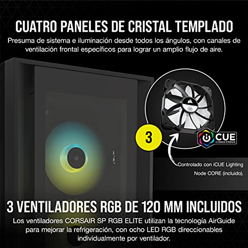 Corsair iCUE 5000X RGB Chasis Inteligente para PC ATX Semitorre con Cristal Templado (Cuatro Paneles Cristal Templado, Sistema de Gestión del Cableado RapidRoute, Tres Ventiladores RGB 120 mm) Negro