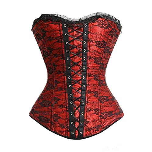 Corset Corsé Mujer Mujeres Palace Floral Sexy Overbust Corsets Cremallera Lateral Encaje Body Shaper Top-Red_L