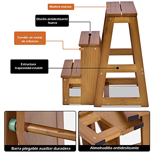 COSTWY Escalera Silla de Madera Plegable Multifunción Escalera Banqueta Taburete Estantería Escalón para Baño Hogar Decoración (Marrón claro)