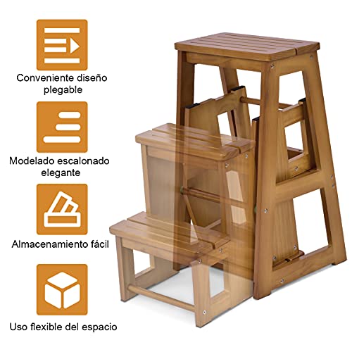 COSTWY Escalera Silla de Madera Plegable Multifunción Escalera Banqueta Taburete Estantería Escalón para Baño Hogar Decoración (Marrón claro)