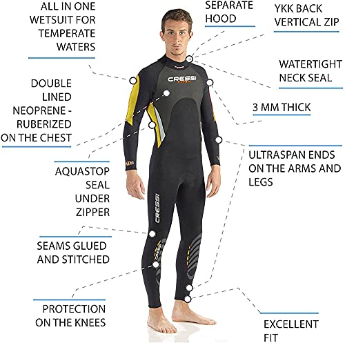 Cressi Morea Man Monopiece Wetsuit 3mm Traje de Buceo Neopreno para los Hombres, Negro/Amarillo/Plata, L/4