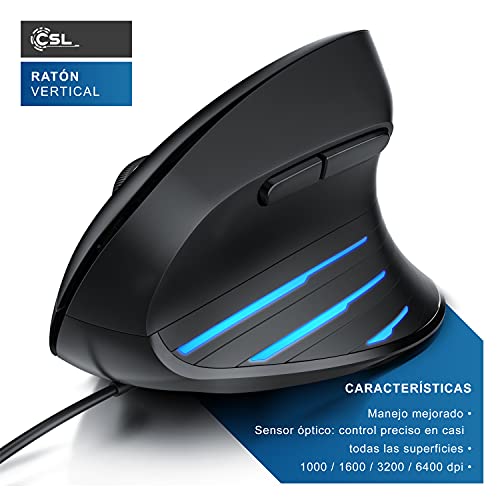 CSL – Ratón Vertical óptico con Cable USB - Diseño ergonómico - Cuida los Brazos Evita el Codo de tenista - Leds Laterales - Plug and Play - Apto para diestros - Compatible con Mac y Windows