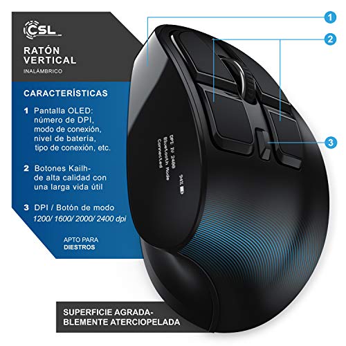 CSL - Ratón Vertical óptico inalámbrico - Wireless Mouse – 2,4 GHz - Diseño ergonómico - Cuida los Brazos - Evita el Codo de tenista - con Pantalla OLED - Botones configurables - Plug and Play