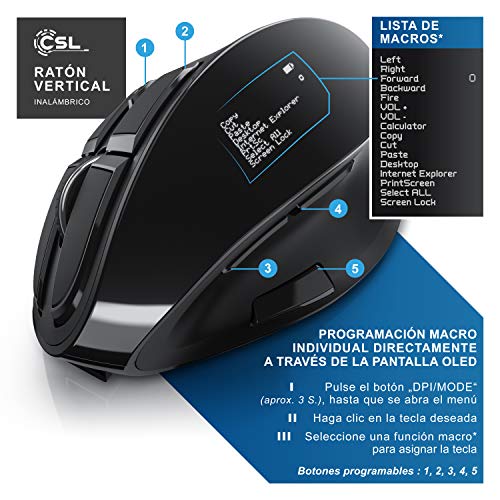 CSL - Ratón Vertical óptico inalámbrico - Wireless Mouse – 2,4 GHz - Diseño ergonómico - Cuida los Brazos - Evita el Codo de tenista - con Pantalla OLED - Botones configurables - Plug and Play