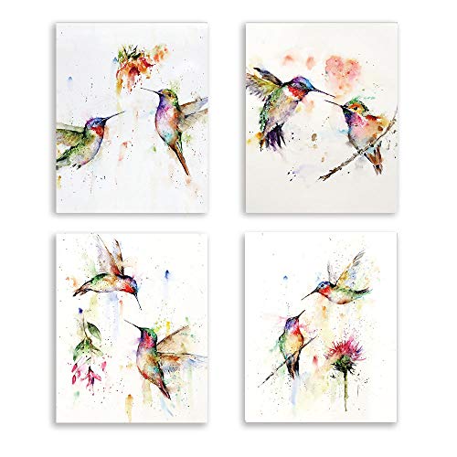 Cuadros de Pared de Pájaros Abstractos, Colibríes de Acuarela y Flores, Póster de Arte, Pared de Naturaleza Para Sala de Estar/Dormitorio/Oficina Decoración, Juego de 4 (8 "x 10") Sin Marco