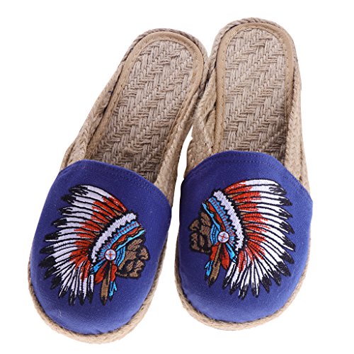 D DOLITY 1 Par Zapatos Zueco Unisex Hecho de Lino Transpirable Étnico Calzado Plano Chanclas de Playa Verano Rojo/Azul EU 37-40 - Azul, 39