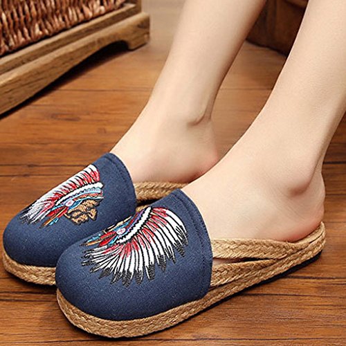 D DOLITY 1 Par Zapatos Zueco Unisex Hecho de Lino Transpirable Étnico Calzado Plano Chanclas de Playa Verano Rojo/Azul EU 37-40 - Azul, 39