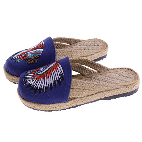 D DOLITY 1 Par Zapatos Zueco Unisex Hecho de Lino Transpirable Étnico Calzado Plano Chanclas de Playa Verano Rojo/Azul EU 37-40 - Azul, 39