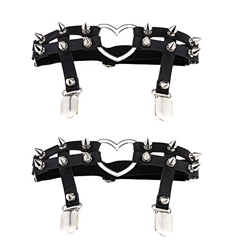 Daimay 2PCS Tachonado gótico Anillo de la pierna de ligas del corazón Pierna elástica Punk arnés liguero Suspender ajustable con 2 clips de metal - Negro