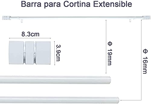 Dalina Textil Barra Extensible para Cortina con terminales en Estilo de Moderno - Barra Cortina Básica Rectángula incluiye Soportes y Anillos de Plásticos(Blanco, 120-210cm)