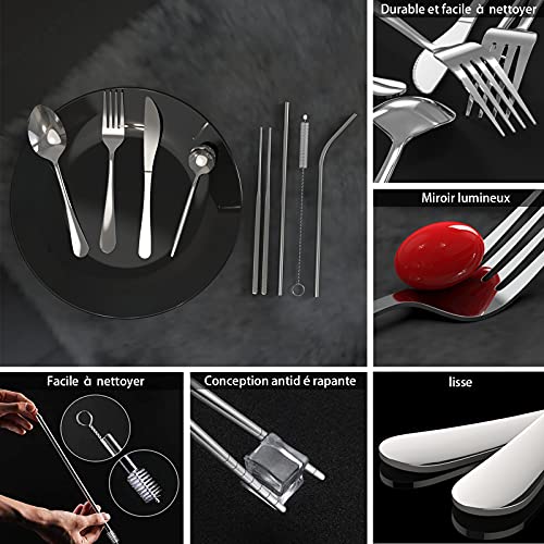 DAONG Cubiertos de utensilios portátiles,juego Set cubiertos de viaje para acampar,juego cubiertos de acero inoxidable,incluye cuchillo/ tenedor/cuchara/palillos/cucharadecafé/pajitas/caja(plateado)