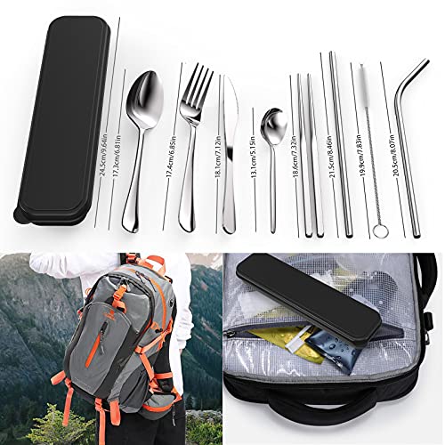 DAONG Cubiertos de utensilios portátiles,juego Set cubiertos de viaje para acampar,juego cubiertos de acero inoxidable,incluye cuchillo/ tenedor/cuchara/palillos/cucharadecafé/pajitas/caja(plateado)