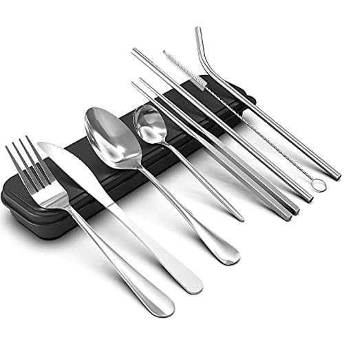 DAONG Cubiertos de utensilios portátiles,juego Set cubiertos de viaje para acampar,juego cubiertos de acero inoxidable,incluye cuchillo/ tenedor/cuchara/palillos/cucharadecafé/pajitas/caja(plateado)