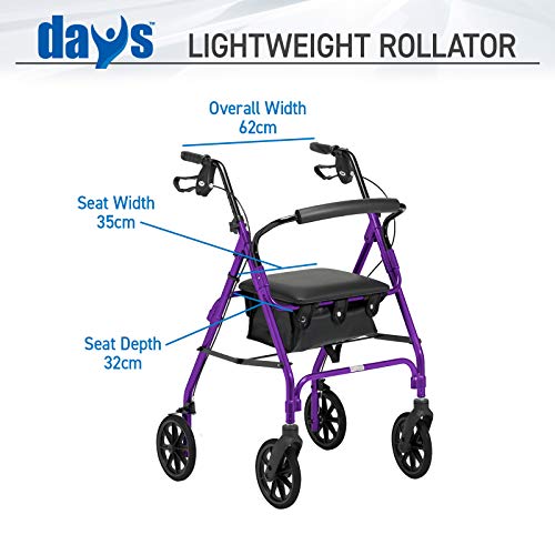 Days Andador de Cuatro Ruedas Ligero y Plegable con Asiento Acolchado, Frenos de Bloqueo, Mangos Ergonómicos y Bolsa de Transporte, Ayudas A la Movilidad, Mediano, Morado