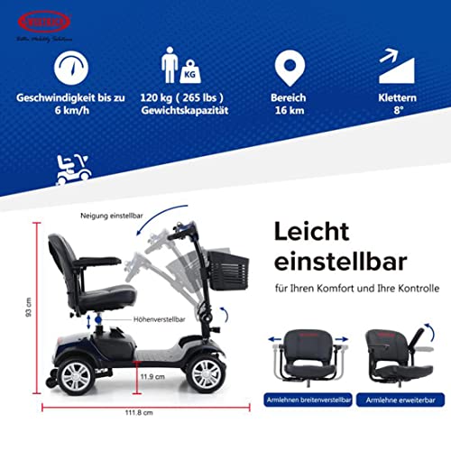 DDCHH 4 Ruedas Scooter Eléctrico Plegable para Personas Mayores Minusvalido, Scooter de Movilidad Ultra Compacto, Carga 120Kg (Incluida Batería), Motor De 250W,Resistencia 16Km,Blue