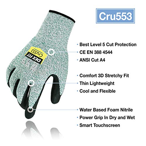 DEX FIT Guantes de Trabajo, Ajuste Cómodo Elástico 3D, Buen Agarre, Recubrimiento de Espuma Duradero de Nitrilo, Táctil, Lavable en la Lavadora, Fino y Ligero, 1 Pare (M, Cut 5 Green 1pr)