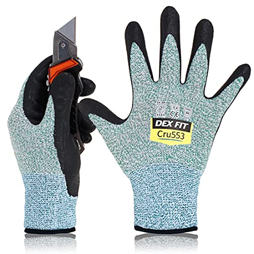 DEX FIT Guantes de Trabajo, Ajuste Cómodo Elástico 3D, Buen Agarre, Recubrimiento de Espuma Duradero de Nitrilo, Táctil, Lavable en la Lavadora, Fino y Ligero, 1 Pare (M, Cut 5 Green 1pr)