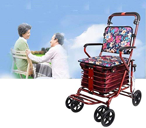 DFJU Rollator Rojo Plegable de Cuatro Ruedas, Carrito de la Compra Carrito pequeño Carrito Viejo Que Puede Empujar Puede Sentarse Ancianos Andador Plegable Scooter de Compras