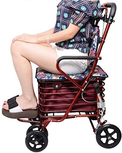 DFJU Rollator Rojo Plegable de Cuatro Ruedas, Carrito de la Compra Carrito pequeño Carrito Viejo Que Puede Empujar Puede Sentarse Ancianos Andador Plegable Scooter de Compras