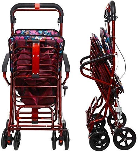 DFJU Rollator Rojo Plegable de Cuatro Ruedas, Carrito de la Compra Carrito pequeño Carrito Viejo Que Puede Empujar Puede Sentarse Ancianos Andador Plegable Scooter de Compras