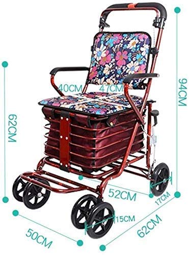 DFJU Rollator Rojo Plegable de Cuatro Ruedas, Carrito de la Compra Carrito pequeño Carrito Viejo Que Puede Empujar Puede Sentarse Ancianos Andador Plegable Scooter de Compras