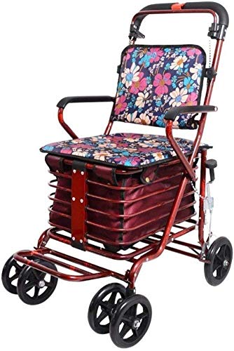 DFJU Rollator Rojo Plegable de Cuatro Ruedas, Carrito de la Compra Carrito pequeño Carrito Viejo Que Puede Empujar Puede Sentarse Ancianos Andador Plegable Scooter de Compras