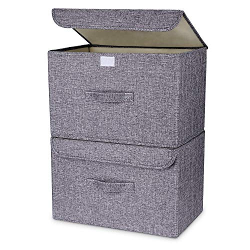 DIMJ Cajas Almacenaje Lavable, Juegos de 2 Cajas Organizadoras con Tapa y Asa, Cubos de Almacenamiento Plegable, Cajas de Tela para Ropa Juguetes Libros