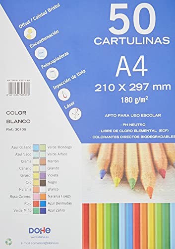 Dohe 30106 - Pack de 50 cartulinas, A4, color blanco