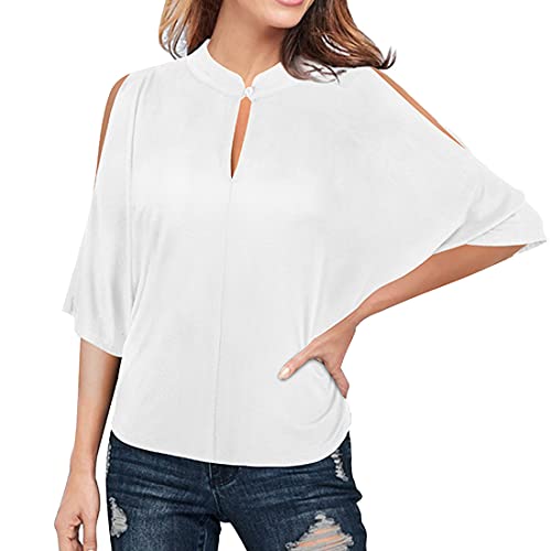 DOLAA Tops de Verano Informales sin Tirantes de Color sólido sin Tirantes con Cuello en Forma de Cuchara con Cuello en v Mangas Vueltas hacia Arriba Camisa Informal Tops Camiseta de Verano Suelta