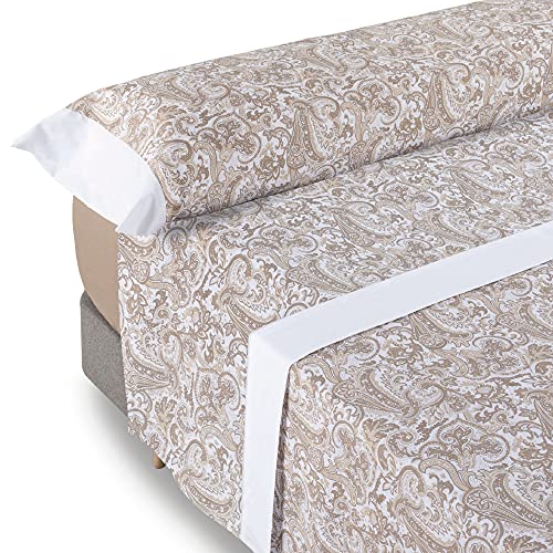 DON DESCANSO-Juego de Sábanas 3 Piezas Atenea Beig para Cama de 150cm. Set de sábanas (1xBajera, 1xEncimera y 1xFunda de Almohada) Tejido Polycotton Suave y Transpirable. Lavable 30º y Fácil Planchado