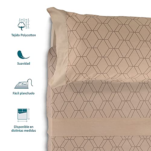 Don Descanso-Juego de Sábanas 4 Piezas GEA Beig para Cama de 180cm. Set de sábanas (1xBajera, 1xEncimera y 2xFunda de Almohada) Tejido Polycotton Suave y Transpirable. Lavable 30º y Fácil Planchado