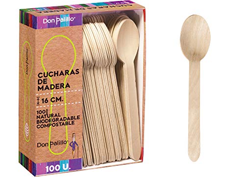 Don Palillo - Juego de 100 Cucharas Desechables de Madera, 16 cm. 100% Natural, Ecológico, Biodegradable