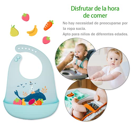 Dosolsollasol 3 Piezas Baberos Silicona Bebé Babero Impermeable Bebe Ajustables con Alimentos Recolector para Bebés Niño Niña (Naranja + rosa + verde)