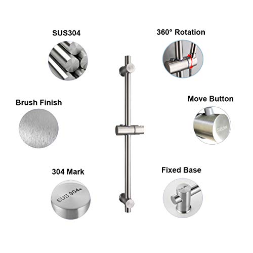 Drenky Barra de ducha, Barra de ducha de acero inoxidable 304 con soportes de fijación ajustables en altura y ángulo, cepillado, altura total de 650 mm