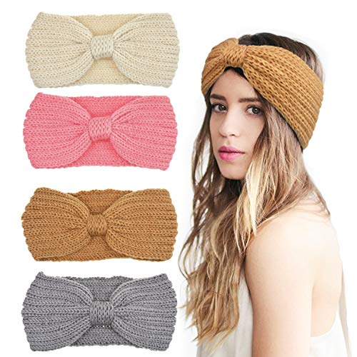 DRESHOW 4 Piezas Crochet Arco Turbante Knit Diadema Invierno Vendas Elasticas Anchas Tejida Lana CintasEl Pelo Banda de pelo más cálido para Talla única 4 Pack Crochet Knot B: Pink, Ivory, Khaki, Grey