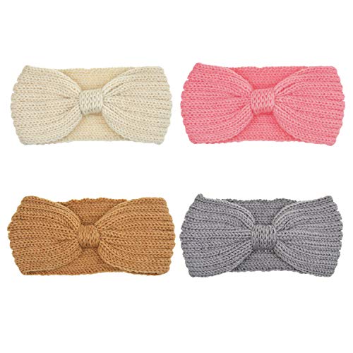 DRESHOW 4 Piezas Crochet Arco Turbante Knit Diadema Invierno Vendas Elasticas Anchas Tejida Lana CintasEl Pelo Banda de pelo más cálido para Talla única 4 Pack Crochet Knot B: Pink, Ivory, Khaki, Grey