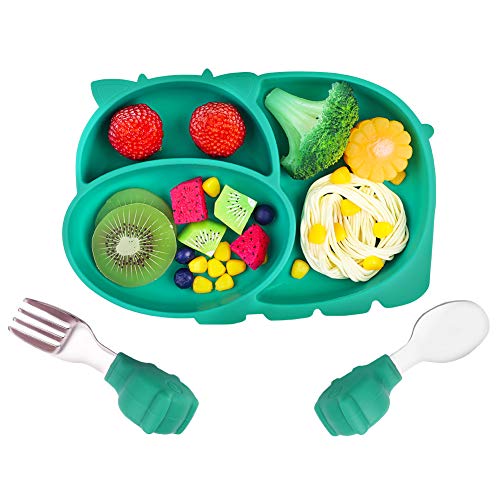 Dsaren Platos de Silicona para Bebé Ventosa Vajilla Platos Antideslizante con Cucharas Tenedor Platos Individual Bebe Sin BPA para Lavavajillas Microondas Silla Alta (Verde)