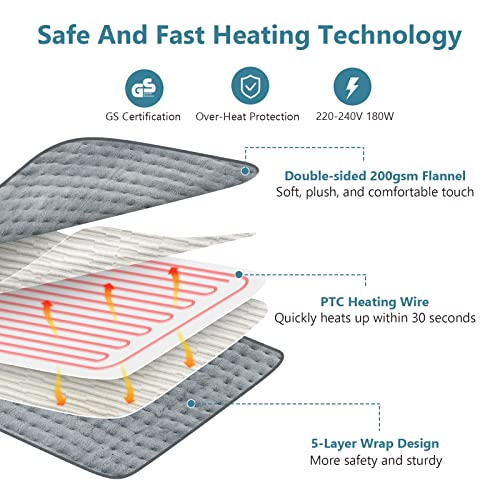 Duerer Manta Eléctrica Almohadilla Térmica 45 x 85 cm, 10 Niveles de Calentamiento, 10 mode Temporizadores, Apagado Automático de 90 mins, para la Espalda, Cuello y Hombro, Brazos y Piernas, ​Gris