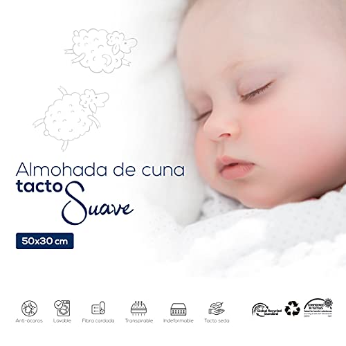 DUÉRMETE ONLINE Almohada Cuna para Bebés Anti-ahogo de Fibra con Tacto Suave-Lavable, Totalmente Hipoalergénica y Transpirable, Blanco, 1 Unidad (Paquete de 1)