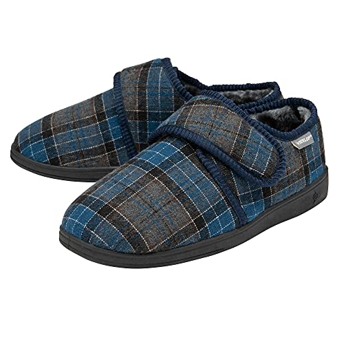 Dunlop Pantuflas para hombre con fácil cierre para diabéticos, ortopédicos, cómodas, de espuma viscoelástica, tamaño 7-12, azul marino gris, 42 EU