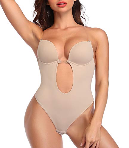 DUROFIT Bodys Moldeadores Mujer Body Shaper Invisible Escote en V sin Espalda Body Faja Reductora Shapewear Lencería Beige M