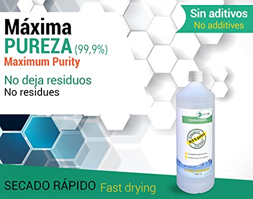 Ecosoluciones Químicas - 1 litro | Alcohol Isopropílico 99,9% Alta pureza IPA | Limpieza componentes electrónicos, Objetivos, Pantallas. Desengrasante. Desinfección y Limpieza Superficies