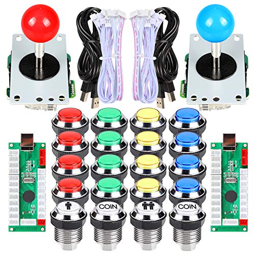 EG STARTS 2 jugadores Classic Arcade Contest DIY Kits USB Encoder to PC 5 Pin Joystick + Chrome LED iluminado Pulsador 1 y 2 jugadores Botones de monedas para Arcade Mame Raspberry Pi 2 3 3B Games