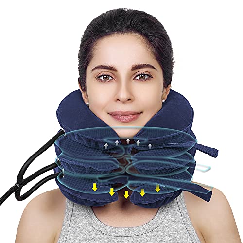 El dispositivo de tracción del cuello cervical y el ensanchador de cuello ajustable inflable brindan soporte para el cuello Tracción del cuello y alivio del dolor de cuello (Blue)