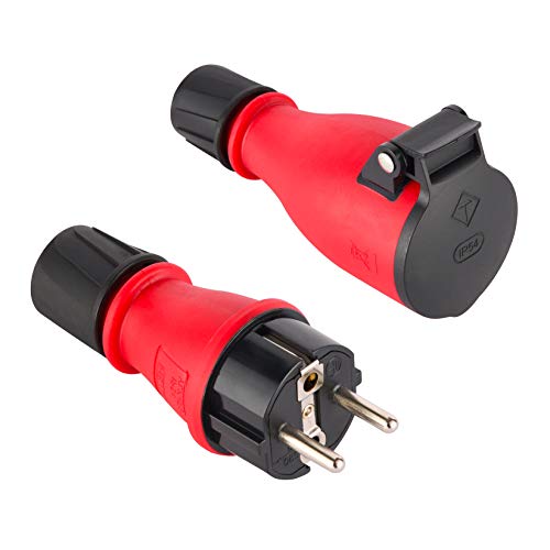 Electraline 92383 Paquete de 1 Clavija Enchufe Schuko + 1 Base Aerea Profesional, Protección IP54, con Tornillo retenedor para facilitar el cableado, Rojo, Confezione da 1