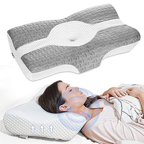 Elviros Almohada de Espuma con Memoria de Contorno Cervical para el Dolor de Cuello, Almohadas para Cuello, 58 x 12/10 x 38 cm, Gris