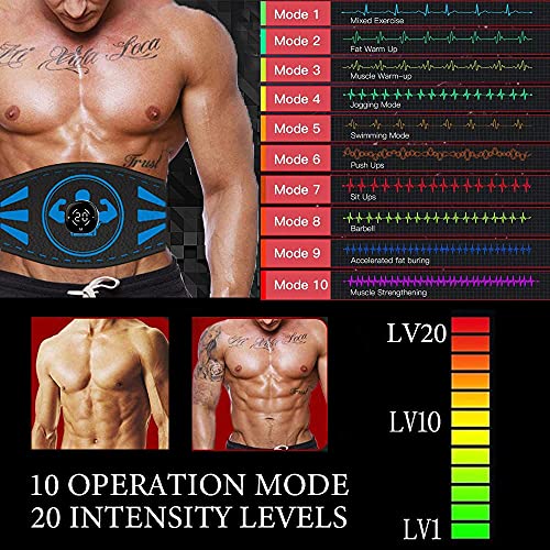 EMS Electroestimulador Muscular Abdominales, Abdominales Eléctrico Cinturón Estimulación Muscular Masaje de vibración Ajustable USB Recargable Ejercitador 10 Modos para Mujeres y Hombres