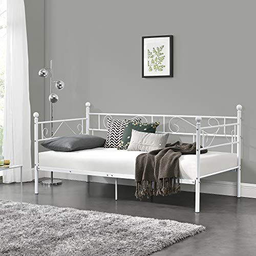 [en.casa] Cama con esctructura de Metal para Una Persona Armazón de diseño 200 x 100cm Sofá Diván Blanco