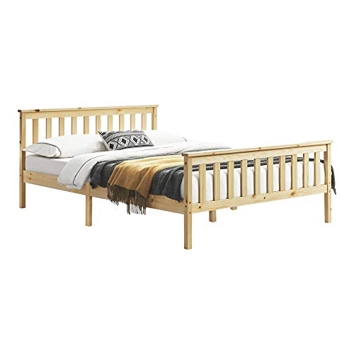 [en.casa] Cama de Pino Breda 140 x 200 cm Cama Doble Cama de Matrimonio con Somier con Reposacabezas Elevado Madera Natural